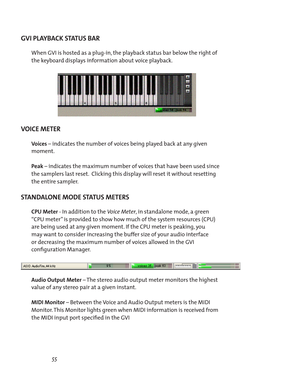 Gvi playback status bar, Standalone mode status meters, Voice meter | Voice meter 55 | Teac GVI User Manual | Page 55 / 62