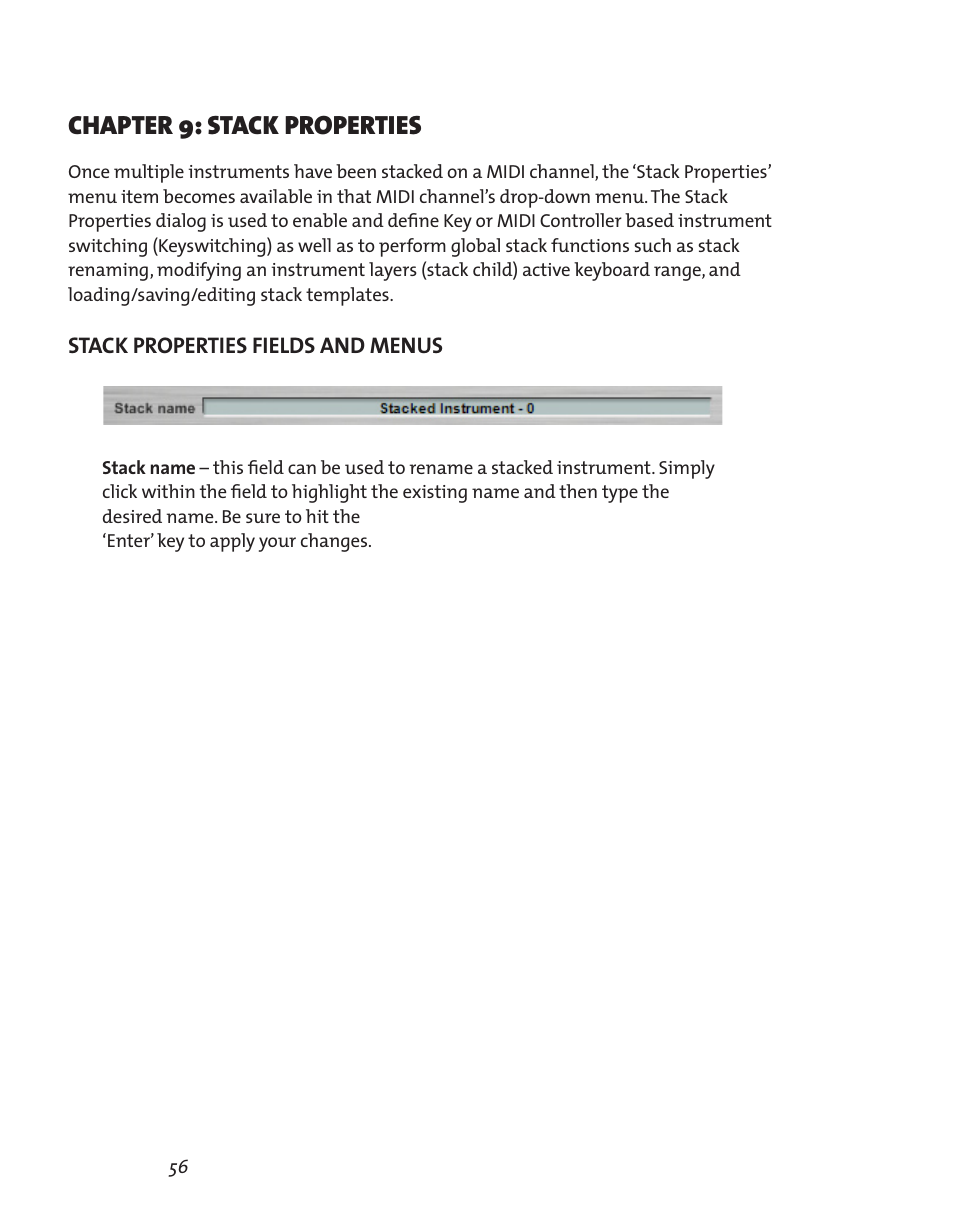 Chapter 9: stack properties, Stack properties fields and menus, Stack properties fields and menus 56 | Teac GVI User Manual | Page 56 / 62