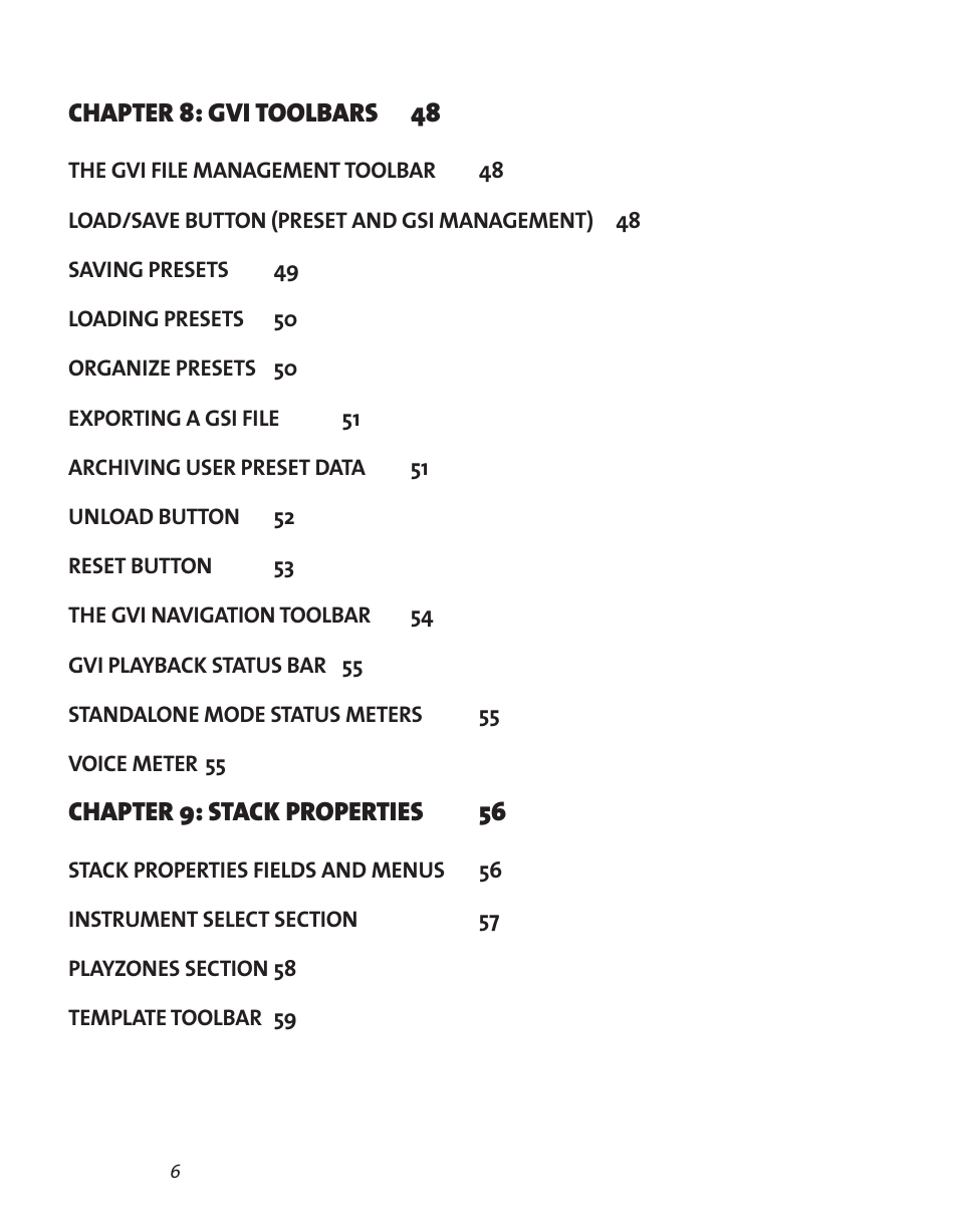 Chapter 8: gvi toolbars 48, Chapter 9: stack properties 56 | Teac GVI User Manual | Page 6 / 62