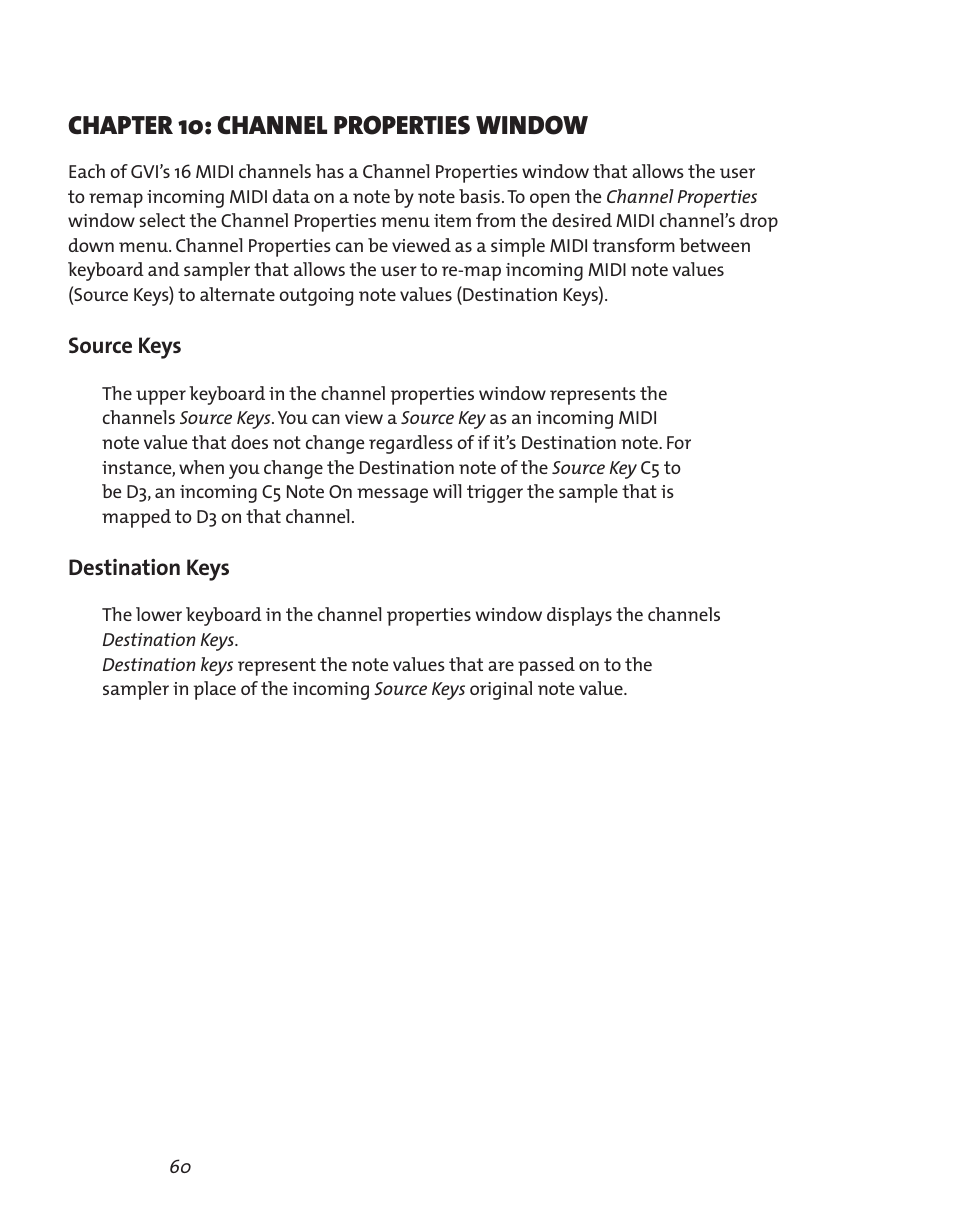 Chapter 10: channel properties window, Source keys, Destination keys | Chapter 10: channel properties window 60, Source keys 60 destination keys | Teac GVI User Manual | Page 60 / 62