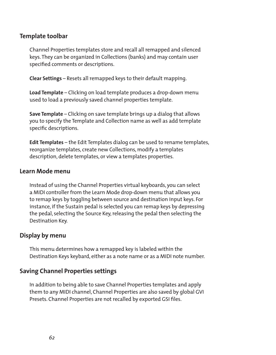 Template toolbar, Learn mode menu, Display by menu | Saving channel properties settings, Learn mode menu 62 display by menu, Saving channel properties settings 62 | Teac GVI User Manual | Page 62 / 62