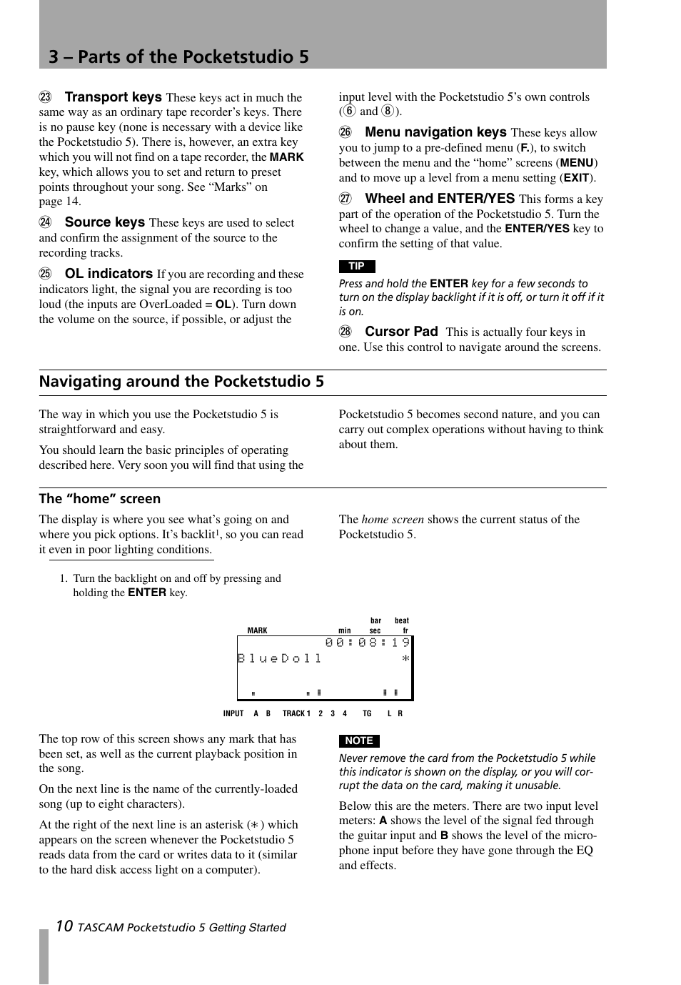 Navigating around the pocketstudio 5, The “home” screen, 3 – parts of the pocketstudio 5 | Teac PocketStudio 5 Getting Started User Manual | Page 10 / 28