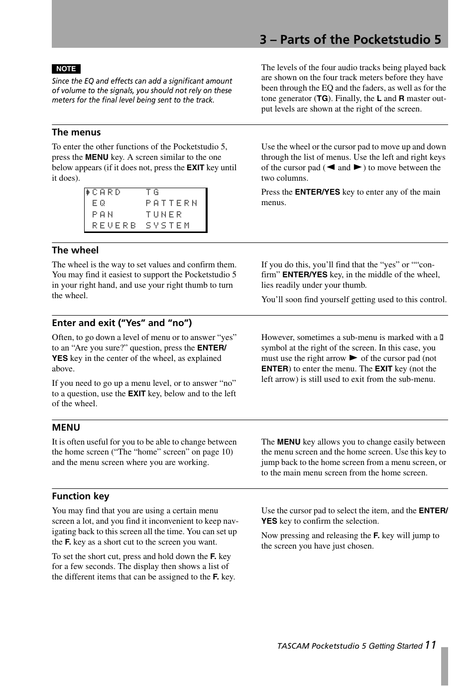 The menus, The wheel, Enter and exit (“yes” and “no”) | Menu, Function key, 3 – parts of the pocketstudio 5 | Teac PocketStudio 5 Getting Started User Manual | Page 11 / 28