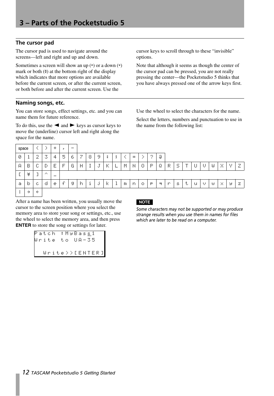 The cursor pad, Naming songs, etc, The cursor pad naming songs, etc | 3 – parts of the pocketstudio 5 | Teac PocketStudio 5 Getting Started User Manual | Page 12 / 28