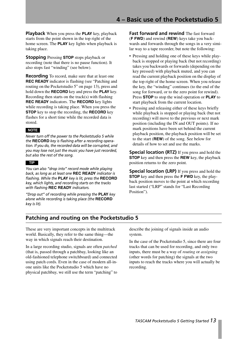 4 – basic use of the pocketstudio 5, Playback, Stopping | Recording, Fast forward and rewind, Special location (rtz), Special location (lrp), Patching and routing on the pocketstudio 5, Patching and routing on the, Pocketstudio 5 | Teac PocketStudio 5 Getting Started User Manual | Page 13 / 28