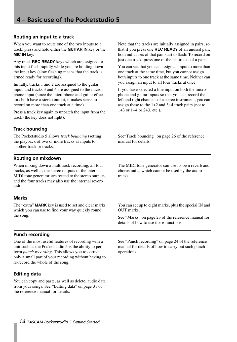 Routing an input to a track, Track bouncing, Routing on mixdown | Marks, Punch recording, Editing data, Marks punch recording editing data, 4 – basic use of the pocketstudio 5 | Teac PocketStudio 5 Getting Started User Manual | Page 14 / 28