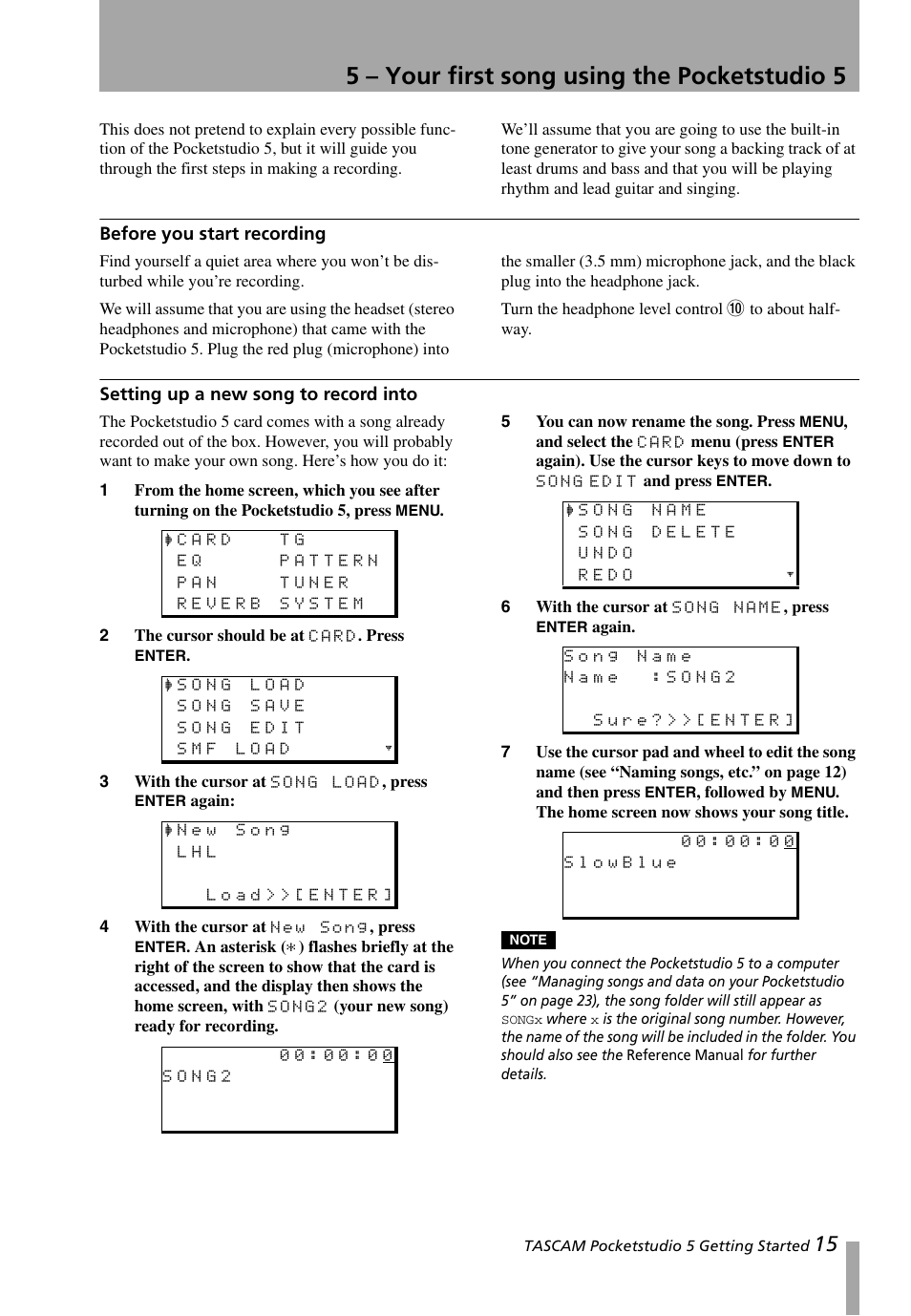 5 – your first song using the pocketstudio 5, Before you start recording, Setting up a new song to record into | 5 – your first song using the, Pocketstudio 5, 5, “your first song using the pocketstudio 5 | Teac PocketStudio 5 Getting Started User Manual | Page 15 / 28