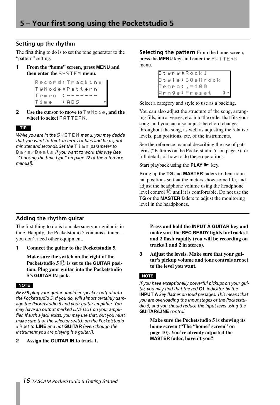 Setting up the rhythm, Selecting the pattern, Adding the rhythm guitar | 5 – your first song using the pocketstudio 5 | Teac PocketStudio 5 Getting Started User Manual | Page 16 / 28