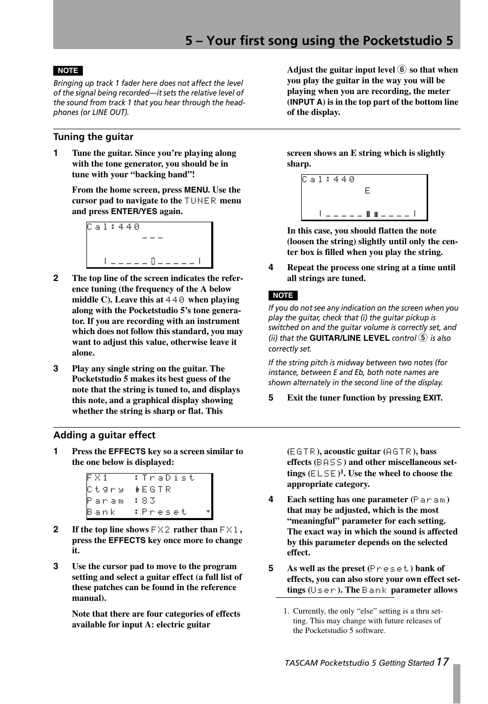 Tuning the guitar, Adding a guitar effect, Tuning the guitar adding a guitar effect | 5 – your first song using the pocketstudio 5 | Teac PocketStudio 5 Getting Started User Manual | Page 17 / 28