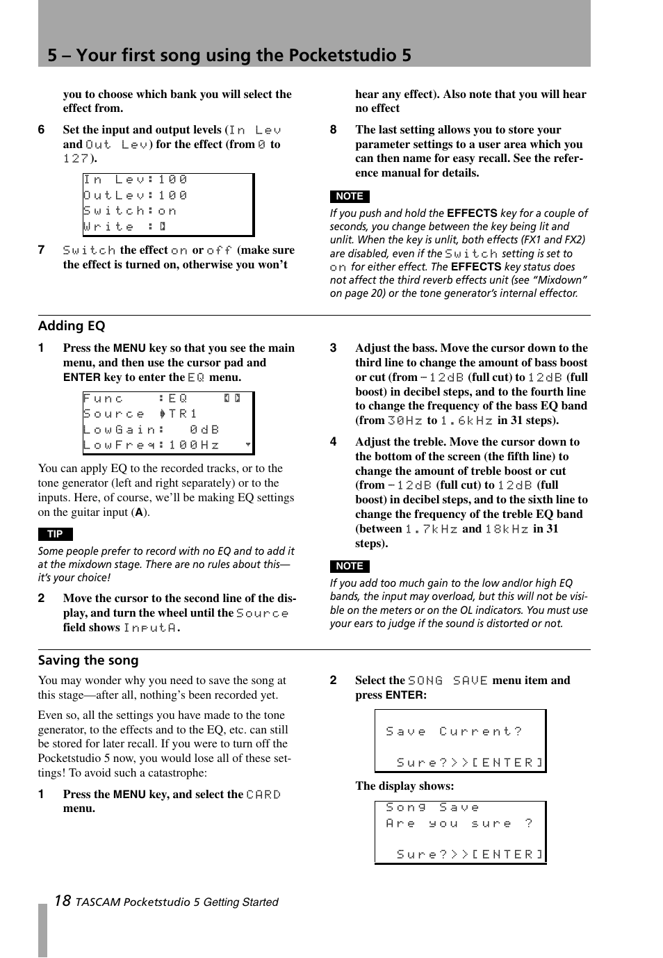 Adding eq, Saving the song, Adding eq saving the song | 5 – your first song using the pocketstudio 5 | Teac PocketStudio 5 Getting Started User Manual | Page 18 / 28