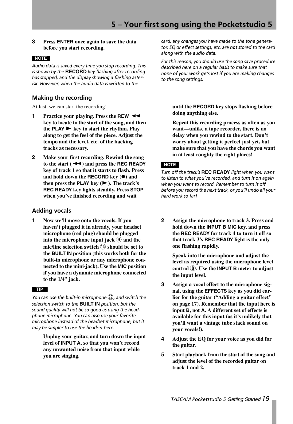 Making the recording, Adding vocals, Making the recording adding vocals | 5 – your first song using the pocketstudio 5 | Teac PocketStudio 5 Getting Started User Manual | Page 19 / 28