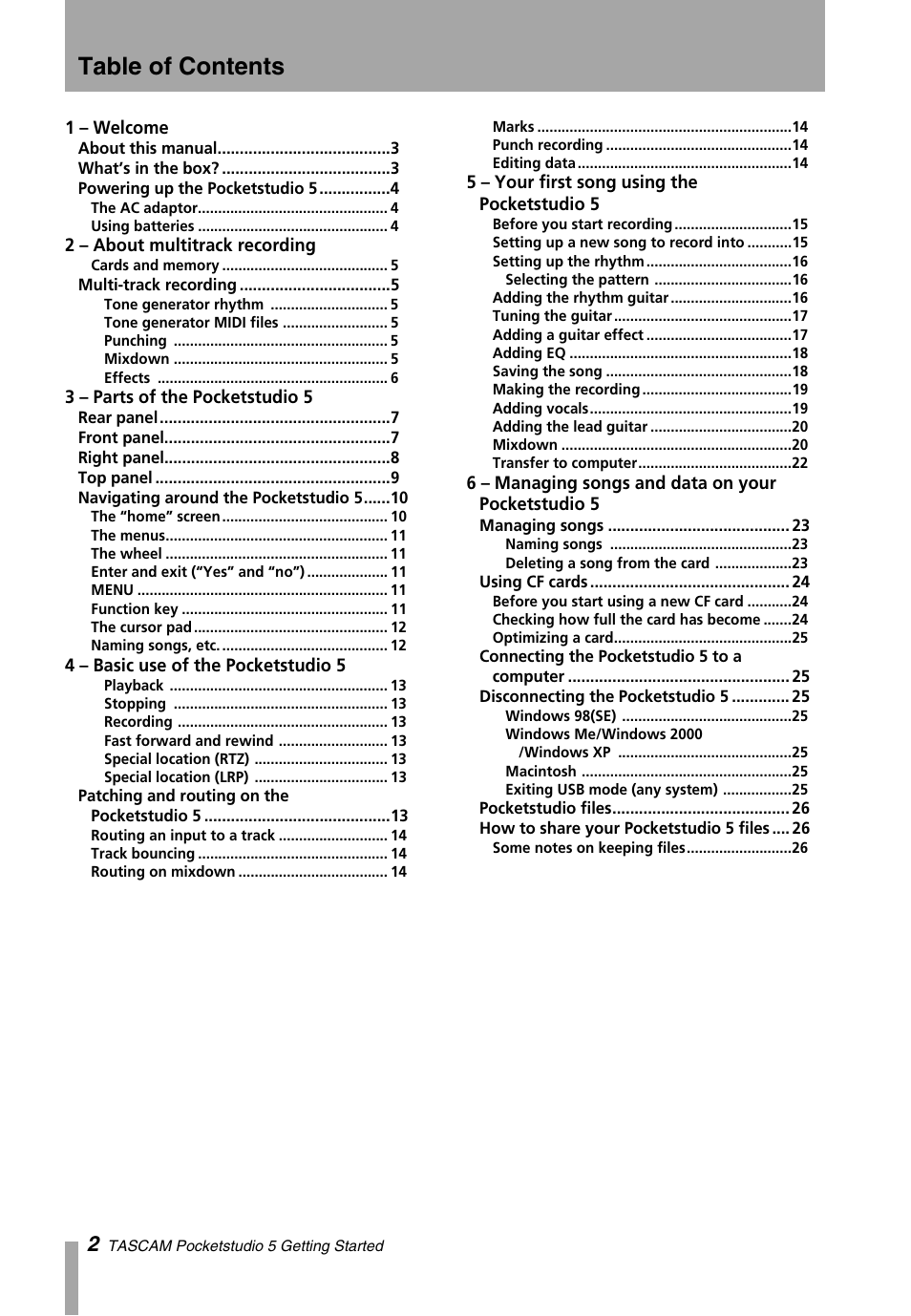 Teac PocketStudio 5 Getting Started User Manual | Page 2 / 28