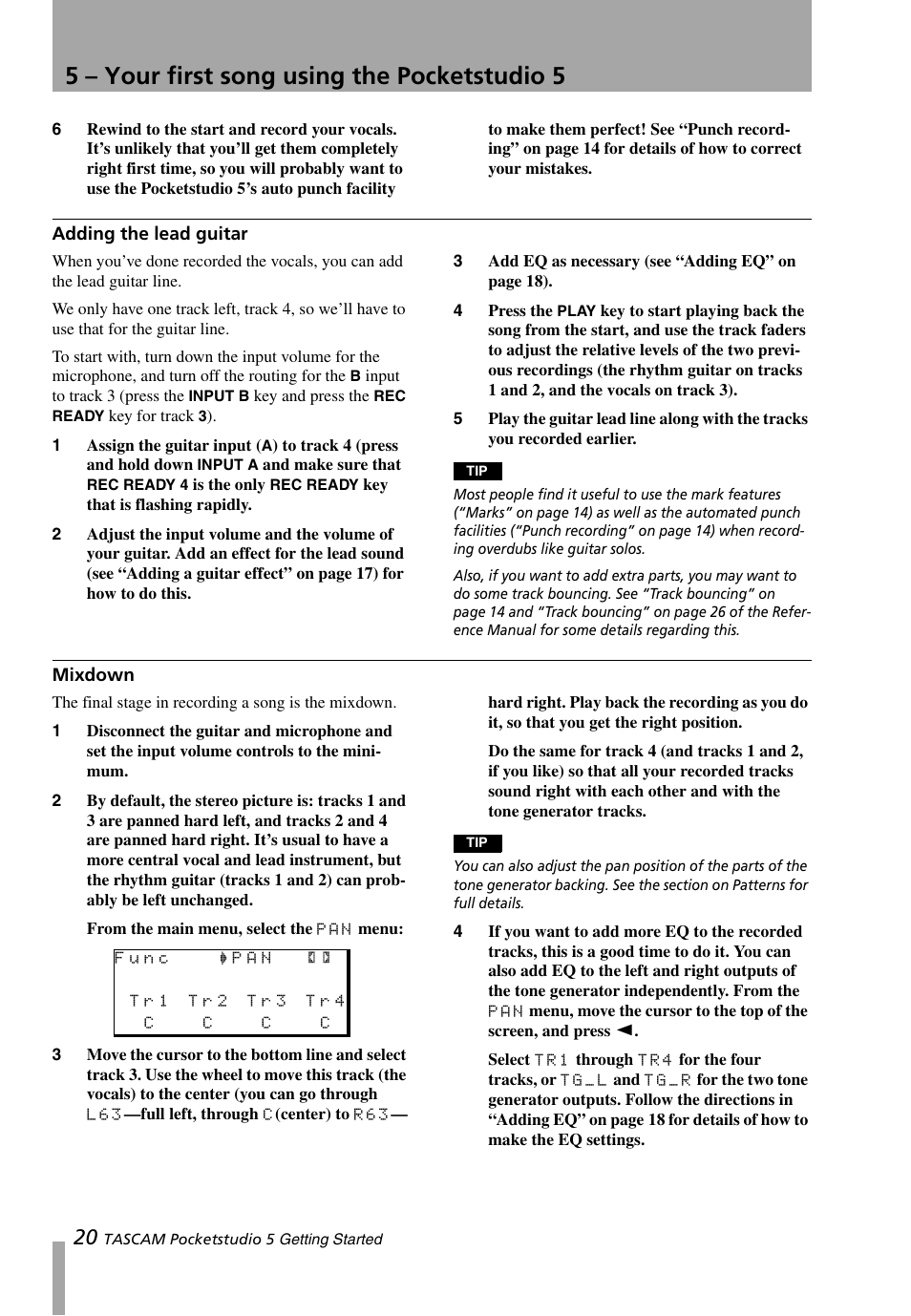 Adding the lead guitar, Mixdown, Adding the lead guitar mixdown | 5 – your first song using the pocketstudio 5 | Teac PocketStudio 5 Getting Started User Manual | Page 20 / 28