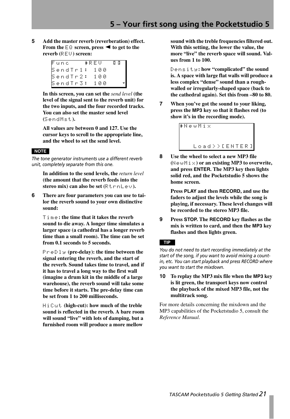 5 – your first song using the pocketstudio 5 | Teac PocketStudio 5 Getting Started User Manual | Page 21 / 28