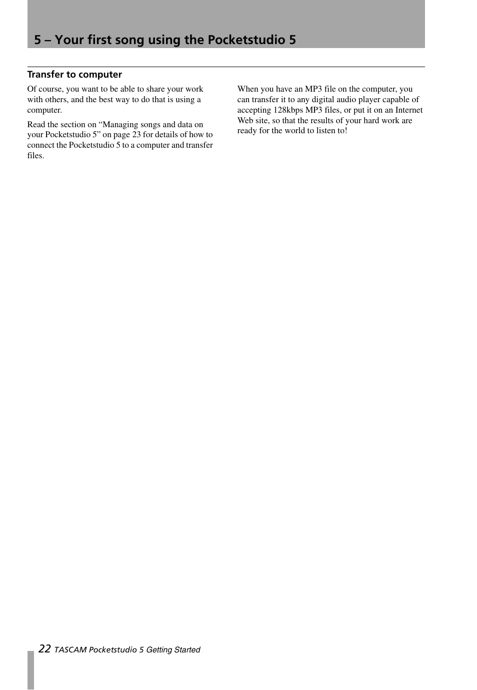 Transfer to computer, 5 – your first song using the pocketstudio 5 | Teac PocketStudio 5 Getting Started User Manual | Page 22 / 28