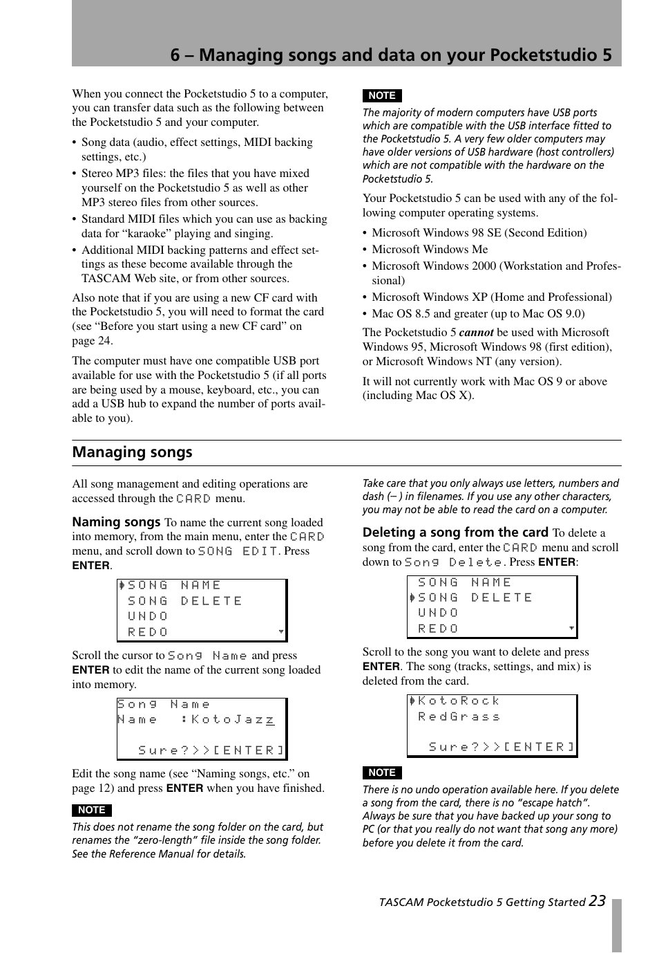 6 – managing songs and data on your pocketstudio 5, Managing songs, Naming songs | Deleting a song from the card, 6 – managing songs and data on your, Pocketstudio 5, Naming songs deleting a song from the card, 6, “managing songs and data on your pocketstudio 5 | Teac PocketStudio 5 Getting Started User Manual | Page 23 / 28