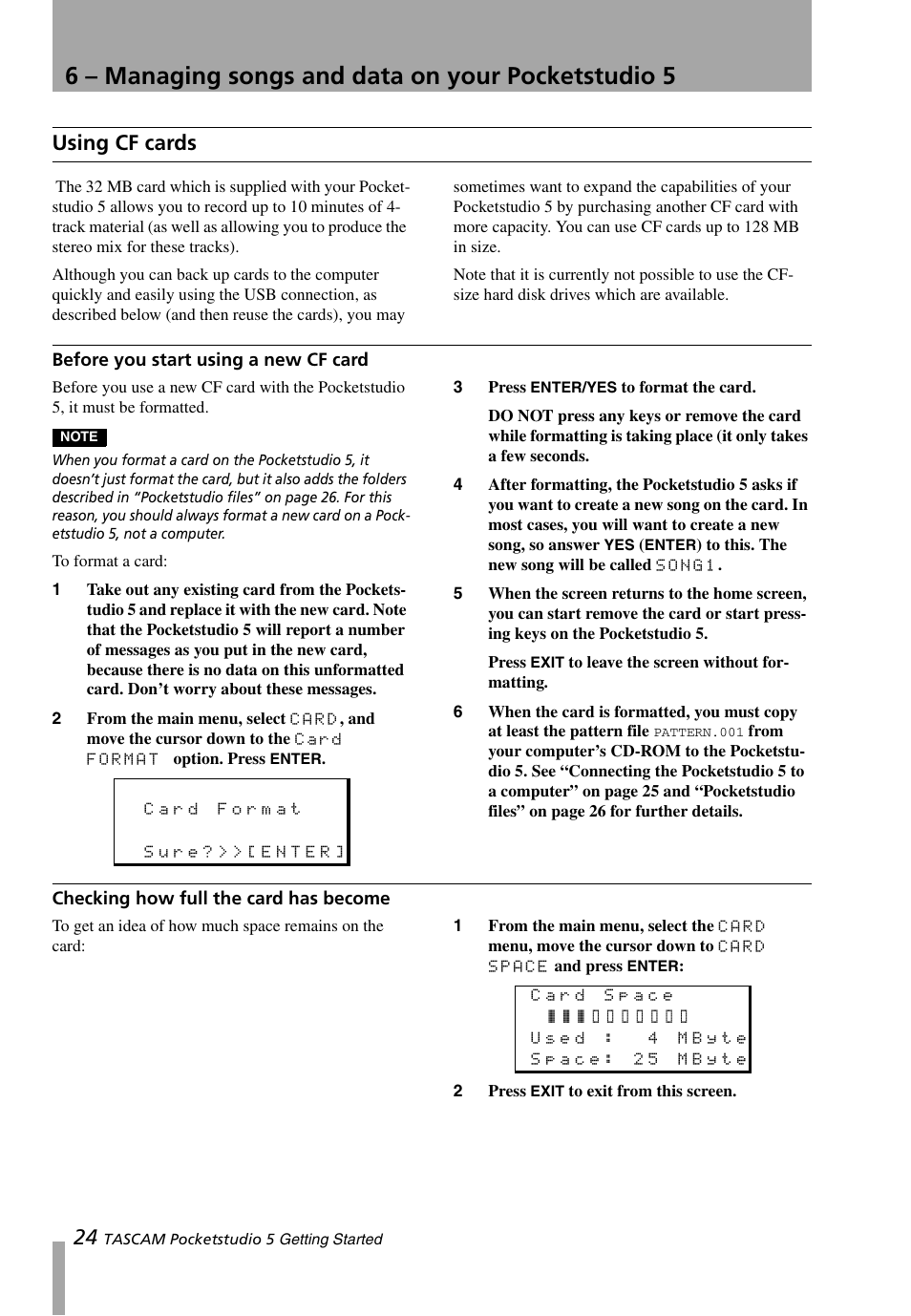 Using cf cards, Before you start using a new cf card, Checking how full the card has become | 6 – managing songs and data on your pocketstudio 5 | Teac PocketStudio 5 Getting Started User Manual | Page 24 / 28