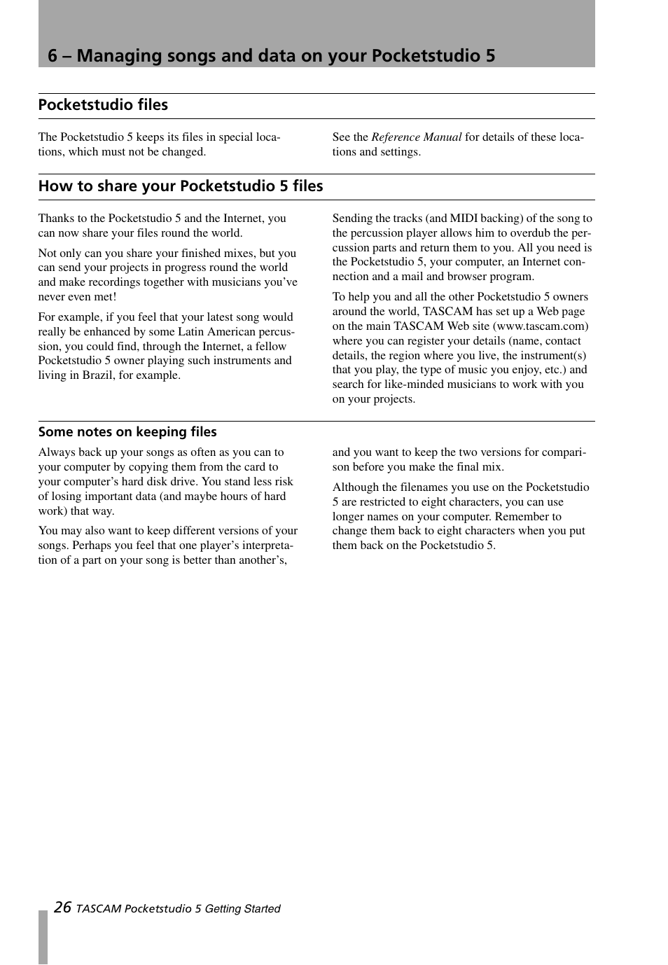 Pocketstudio files, How to share your pocketstudio 5 files, Some notes on keeping files | 6 – managing songs and data on your pocketstudio 5 | Teac PocketStudio 5 Getting Started User Manual | Page 26 / 28