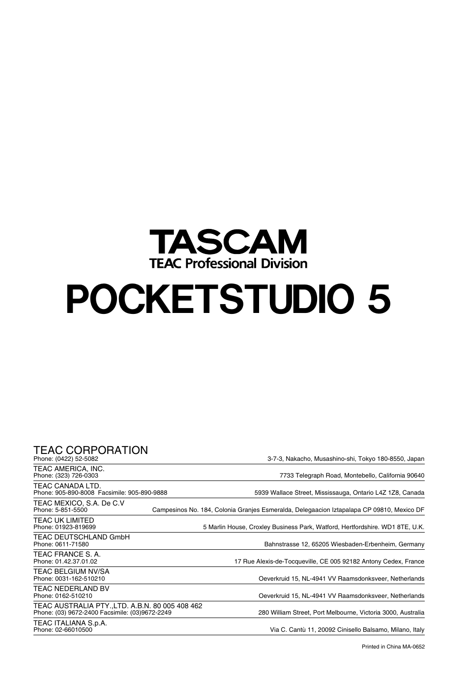 Pocketstudio 5, Teac corporation | Teac PocketStudio 5 Getting Started User Manual | Page 28 / 28