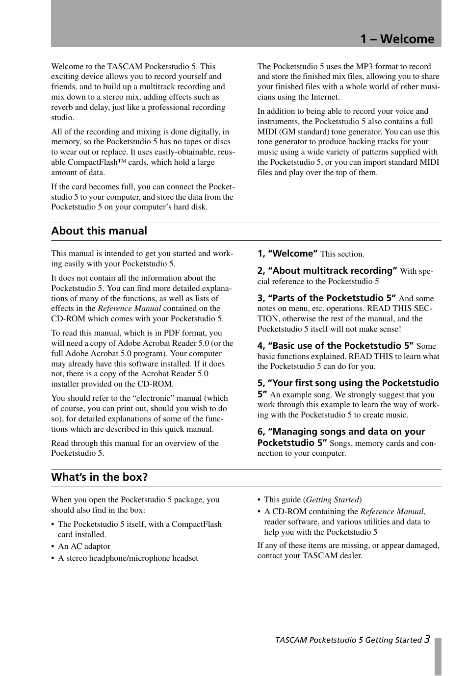 1 – welcome, About this manual, What’s in the box | About this manual what’s in the box | Teac PocketStudio 5 Getting Started User Manual | Page 3 / 28