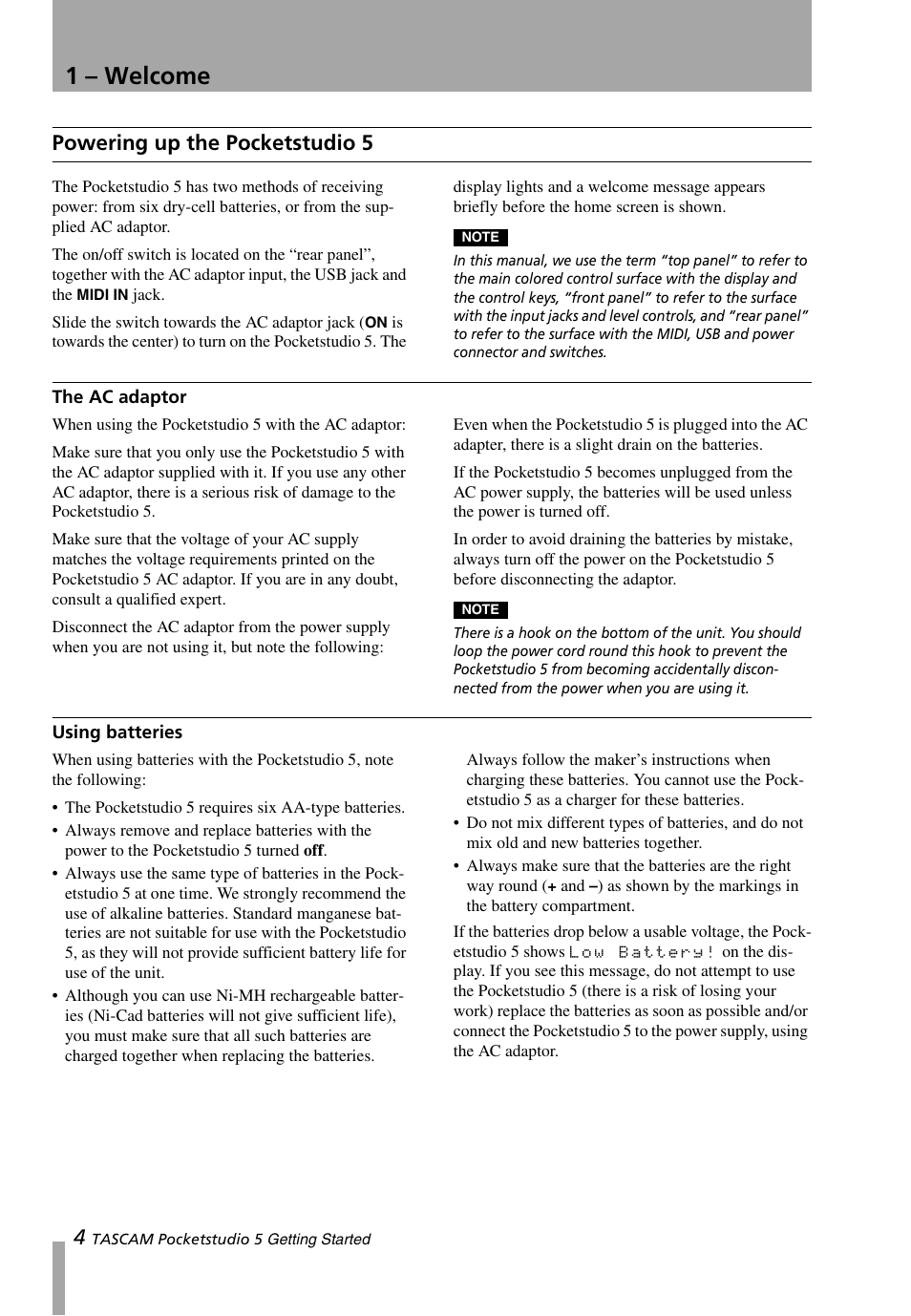 Powering up the pocketstudio 5, The ac adaptor, Using batteries | The ac adaptor using batteries, 1 – welcome | Teac PocketStudio 5 Getting Started User Manual | Page 4 / 28