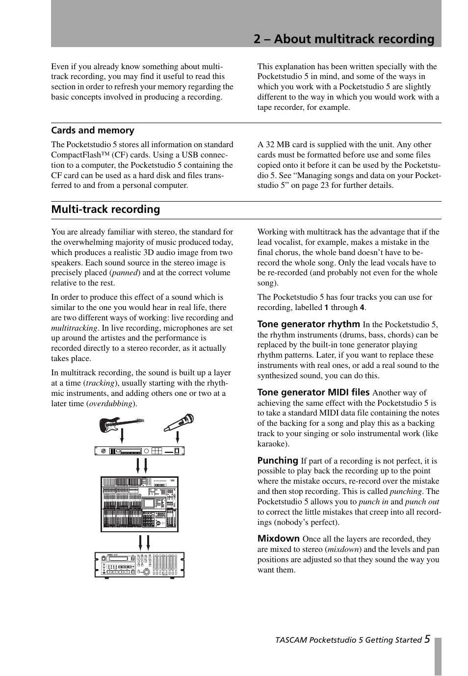 2 – about multitrack recording, Cards and memory, Multi-track recording | Tone generator rhythm, Tone generator midi files, Punching, Mixdown, 2, “about multitrack recording | Teac PocketStudio 5 Getting Started User Manual | Page 5 / 28