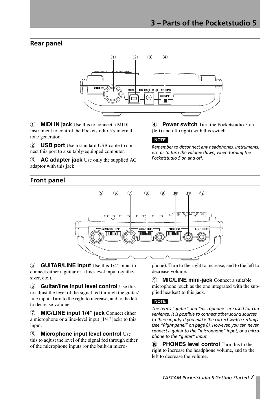3 – parts of the pocketstudio 5, Rear panel, Front panel | Rear panel front panel, 3, “parts of the pocketstudio 5 | Teac PocketStudio 5 Getting Started User Manual | Page 7 / 28