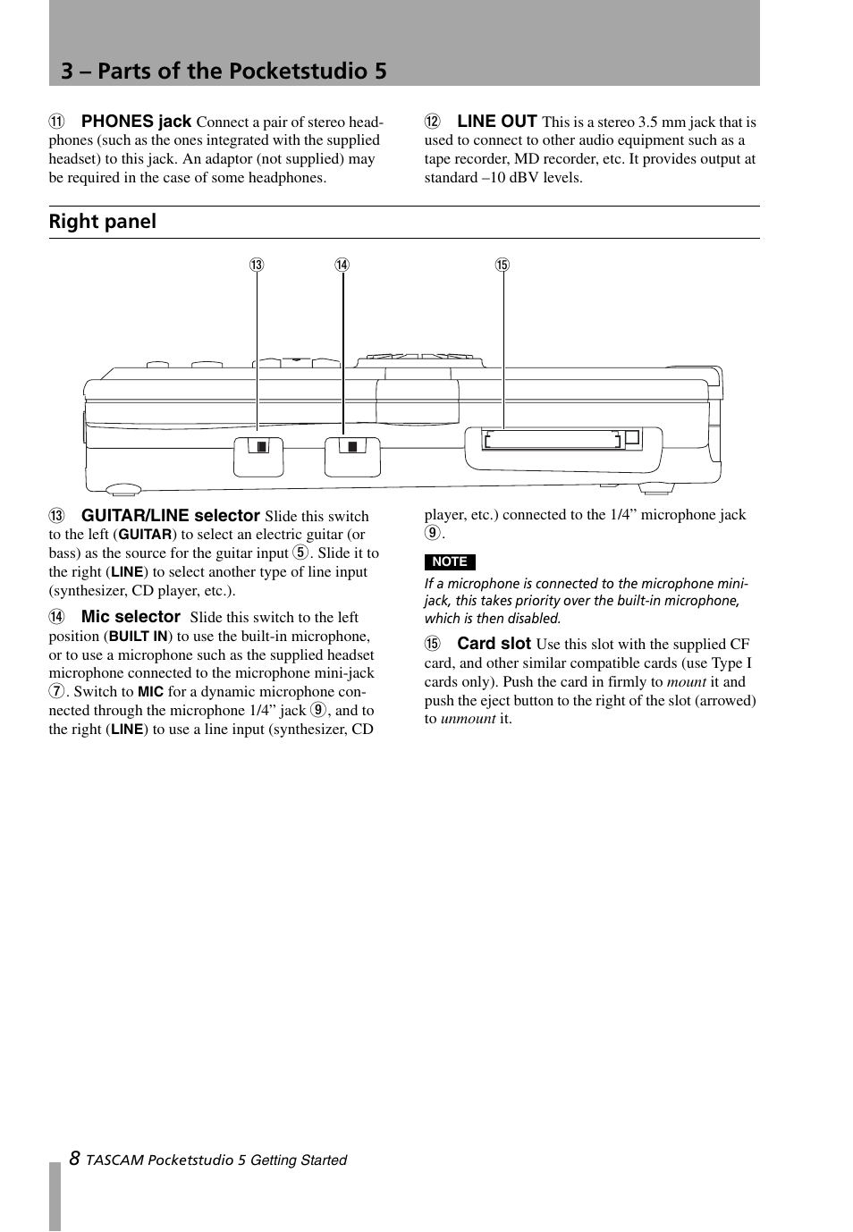Right panel, 3 – parts of the pocketstudio 5 | Teac PocketStudio 5 Getting Started User Manual | Page 8 / 28