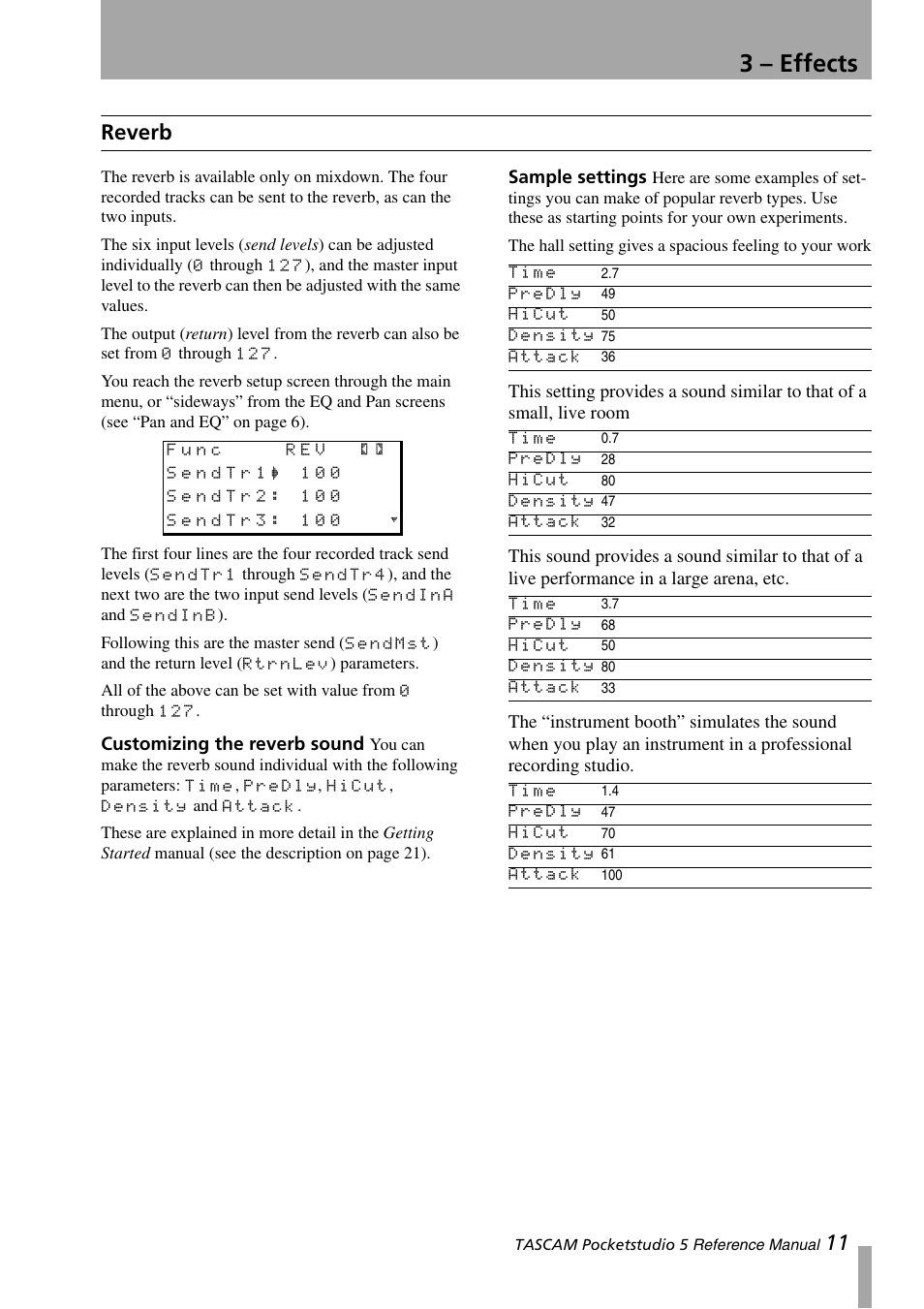 Reverb, Customizing the reverb sound, Sample settings | Customizing the reverb sound sample settings, 3 – effects, 11 reverb | Teac PocketStudio 5 Reference Manual User Manual | Page 11 / 50