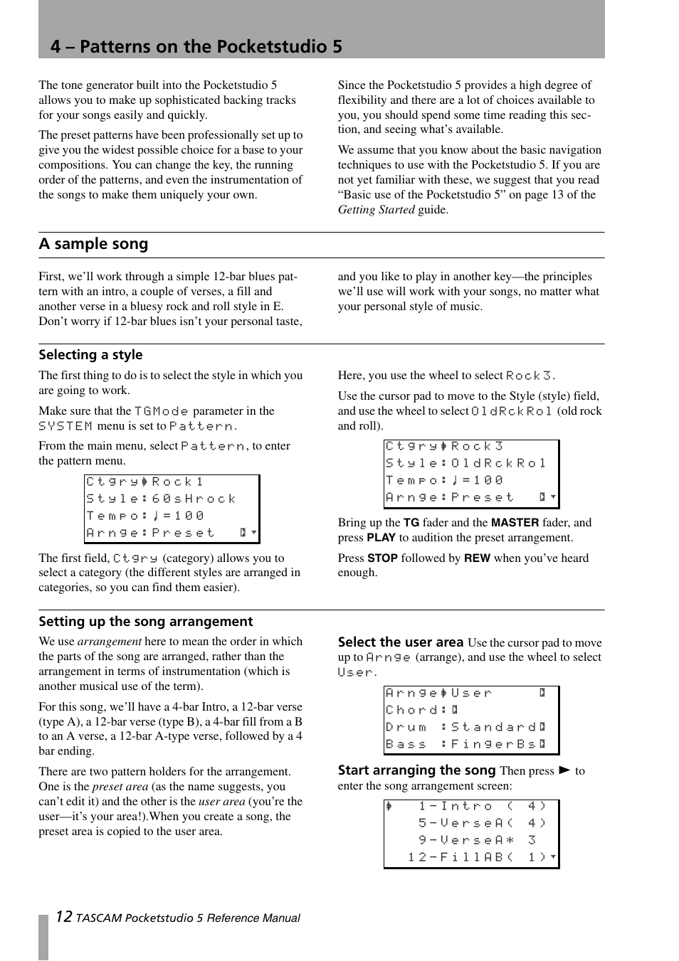 4 – patterns on the pocketstudio 5, A sample song, Selecting a style | Setting up the song arrangement, Select the user area, Start arranging the song, Selecting a style setting up the song arrangement, Select the user area start arranging the song | Teac PocketStudio 5 Reference Manual User Manual | Page 12 / 50