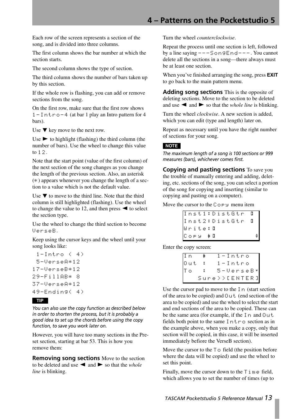 Removing song sections, Adding song sections, Copying and pasting sections | 4 – patterns on the pocketstudio 5 | Teac PocketStudio 5 Reference Manual User Manual | Page 13 / 50