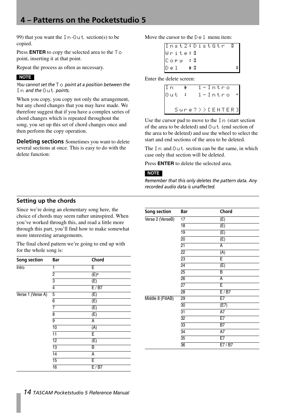 Deleting sections, Setting up the chords, 4 – patterns on the pocketstudio 5 | Teac PocketStudio 5 Reference Manual User Manual | Page 14 / 50