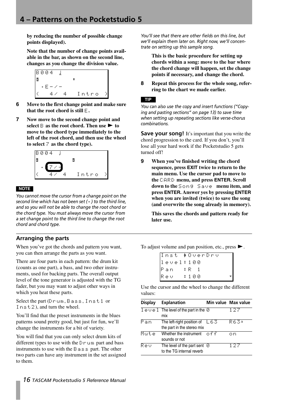 Save your song, Arranging the parts, 4 – patterns on the pocketstudio 5 | Teac PocketStudio 5 Reference Manual User Manual | Page 16 / 50