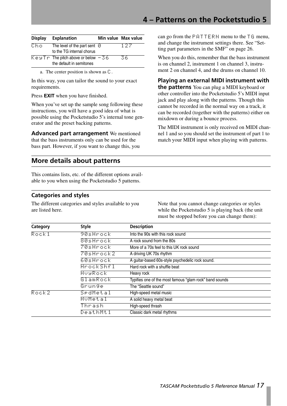 Advanced part arrangement, More details about patterns, Categories and styles | With the patterns, 4 – patterns on the pocketstudio 5 | Teac PocketStudio 5 Reference Manual User Manual | Page 17 / 50