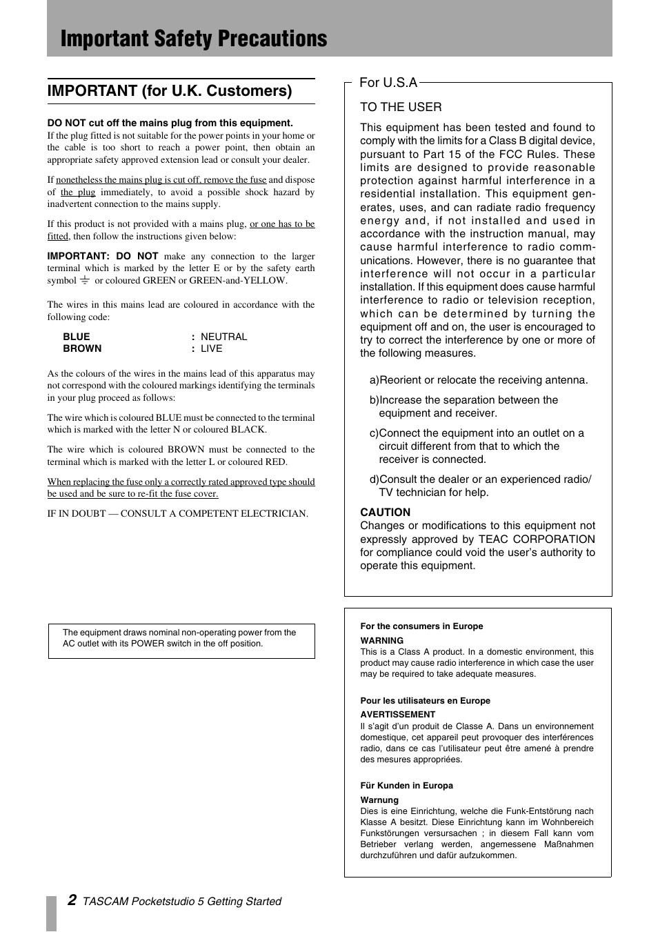 Important safety precautions, Important (for u.k. customers), For u.s.a | Teac PocketStudio 5 Reference Manual User Manual | Page 2 / 50