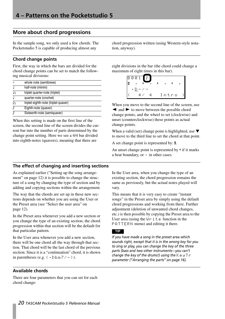 More about chord progressions, Chord change points, The effect of changing and inserting sections | Available chords, Sections, 4 – patterns on the pocketstudio 5 | Teac PocketStudio 5 Reference Manual User Manual | Page 20 / 50