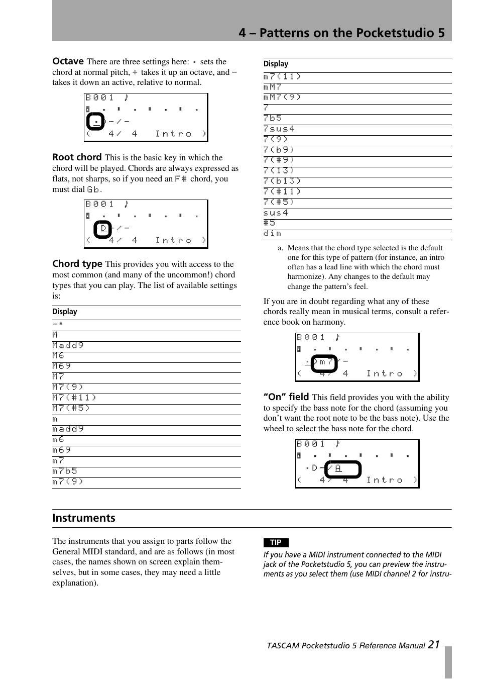 Octave, Root chord, Chord type | On” field, Instruments, Octave root chord chord type “on” field, 4 – patterns on the pocketstudio 5 | Teac PocketStudio 5 Reference Manual User Manual | Page 21 / 50