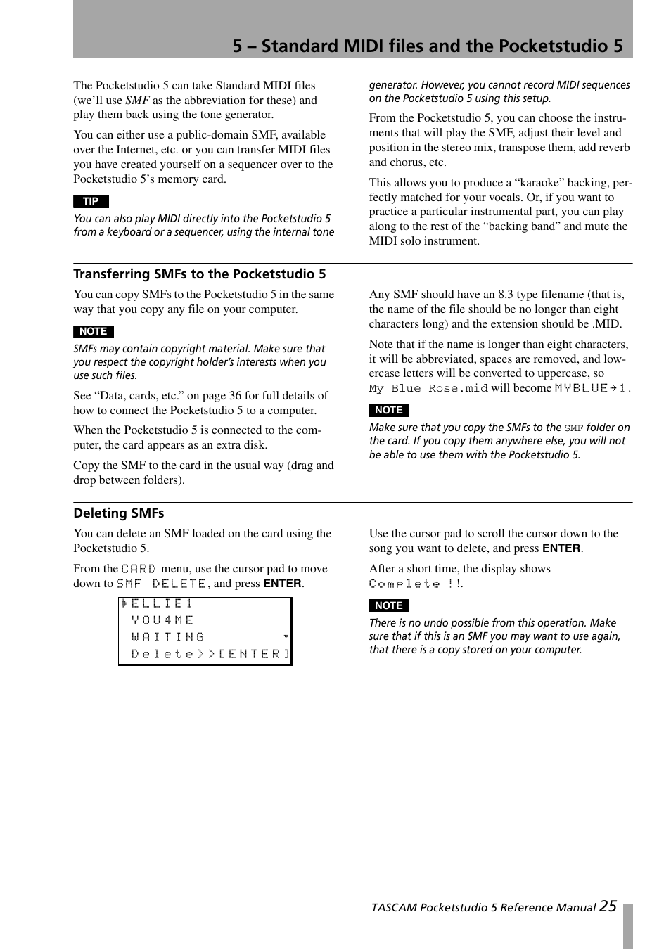 5 – standard midi files and the pocketstudio 5, Transferring smfs to the pocketstudio 5, Deleting smfs | 5 – standard midi files and the, Pocketstudio 5 | Teac PocketStudio 5 Reference Manual User Manual | Page 25 / 50