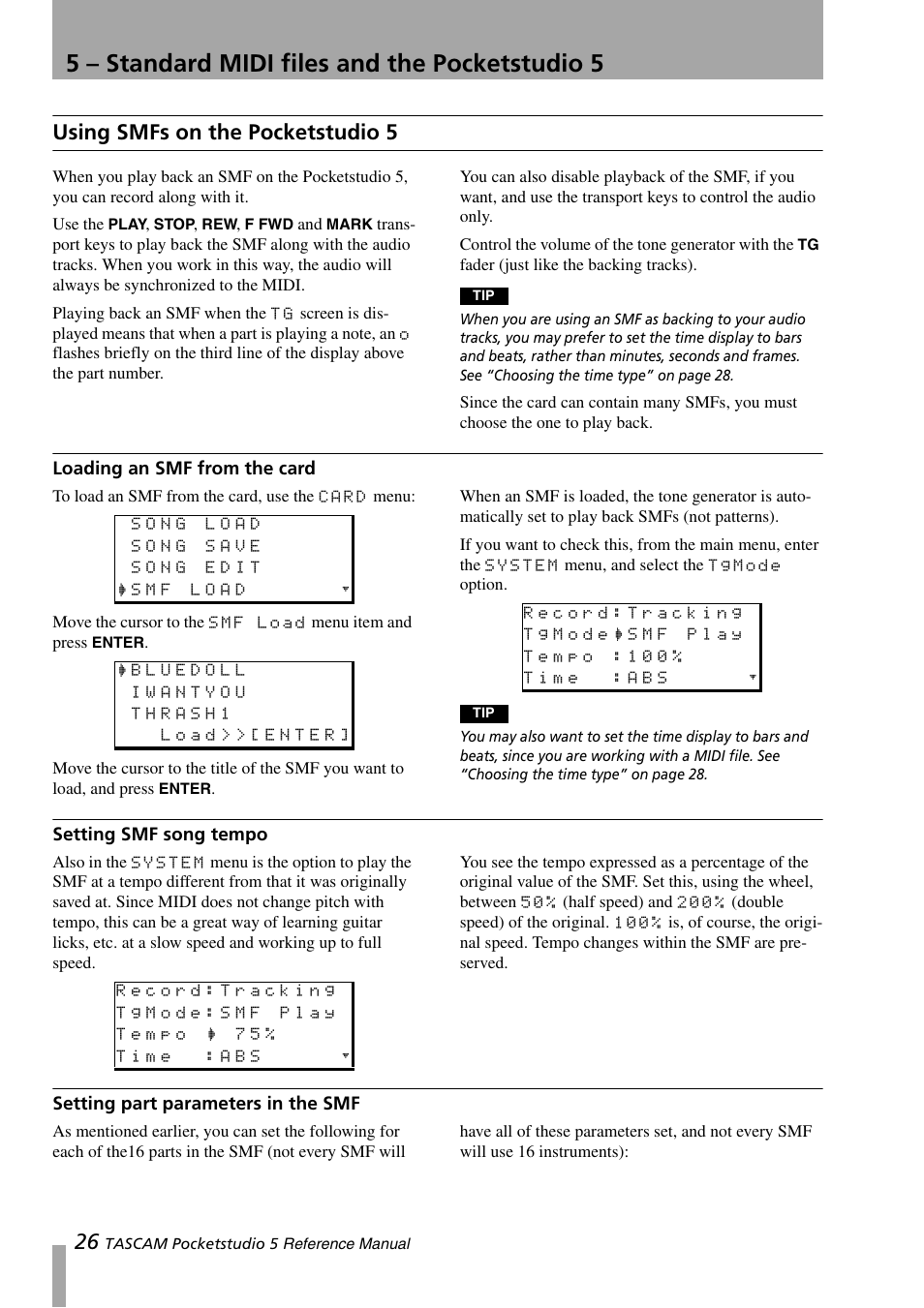 Using smfs on the pocketstudio 5, Loading an smf from the card, Setting smf song tempo | Setting part parameters in the smf, 5 – standard midi files and the pocketstudio 5 | Teac PocketStudio 5 Reference Manual User Manual | Page 26 / 50