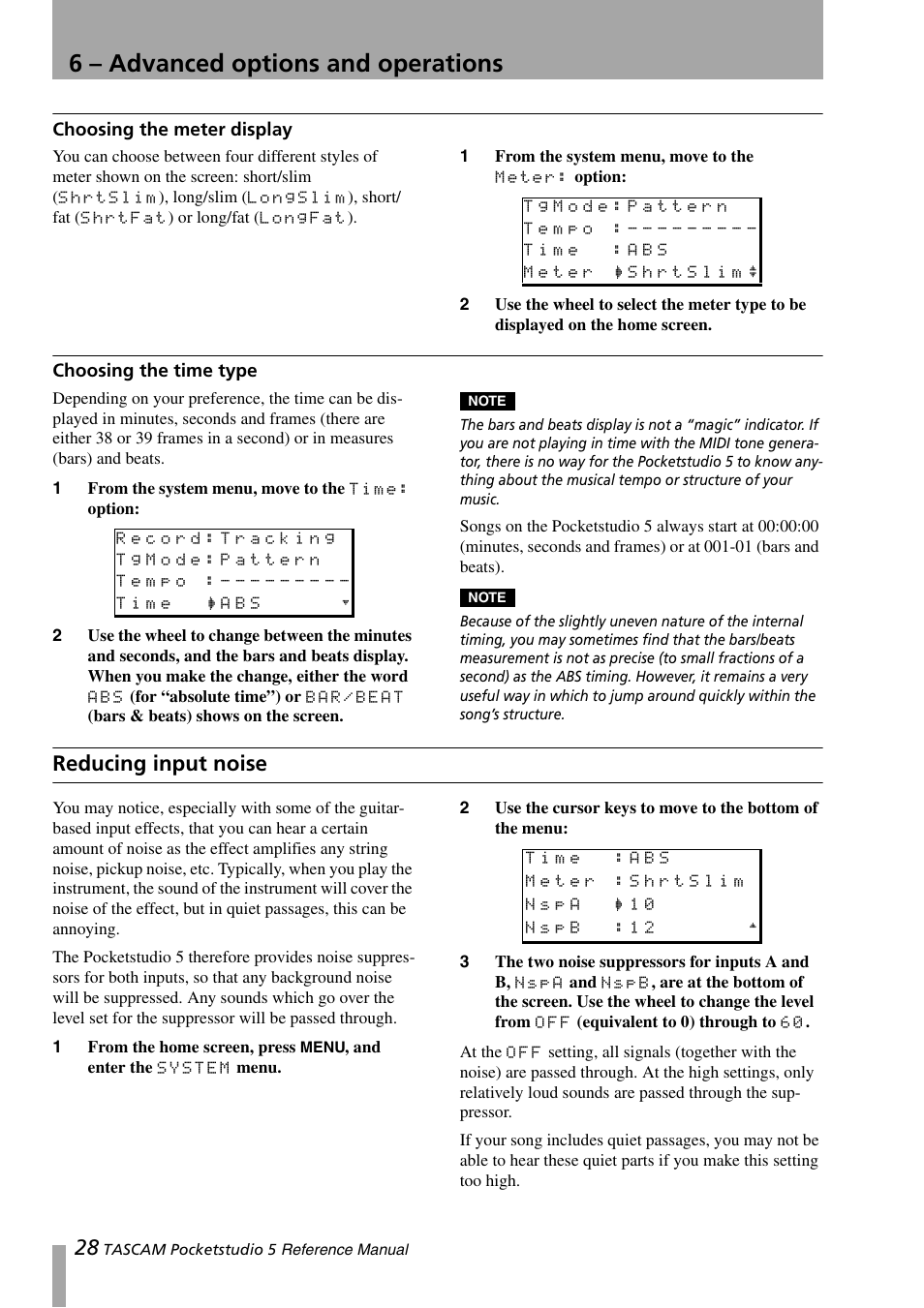 6 – advanced options and operations, Choosing the meter display, Choosing the time type | Reducing input noise, Choosing the meter display choosing the time type | Teac PocketStudio 5 Reference Manual User Manual | Page 28 / 50