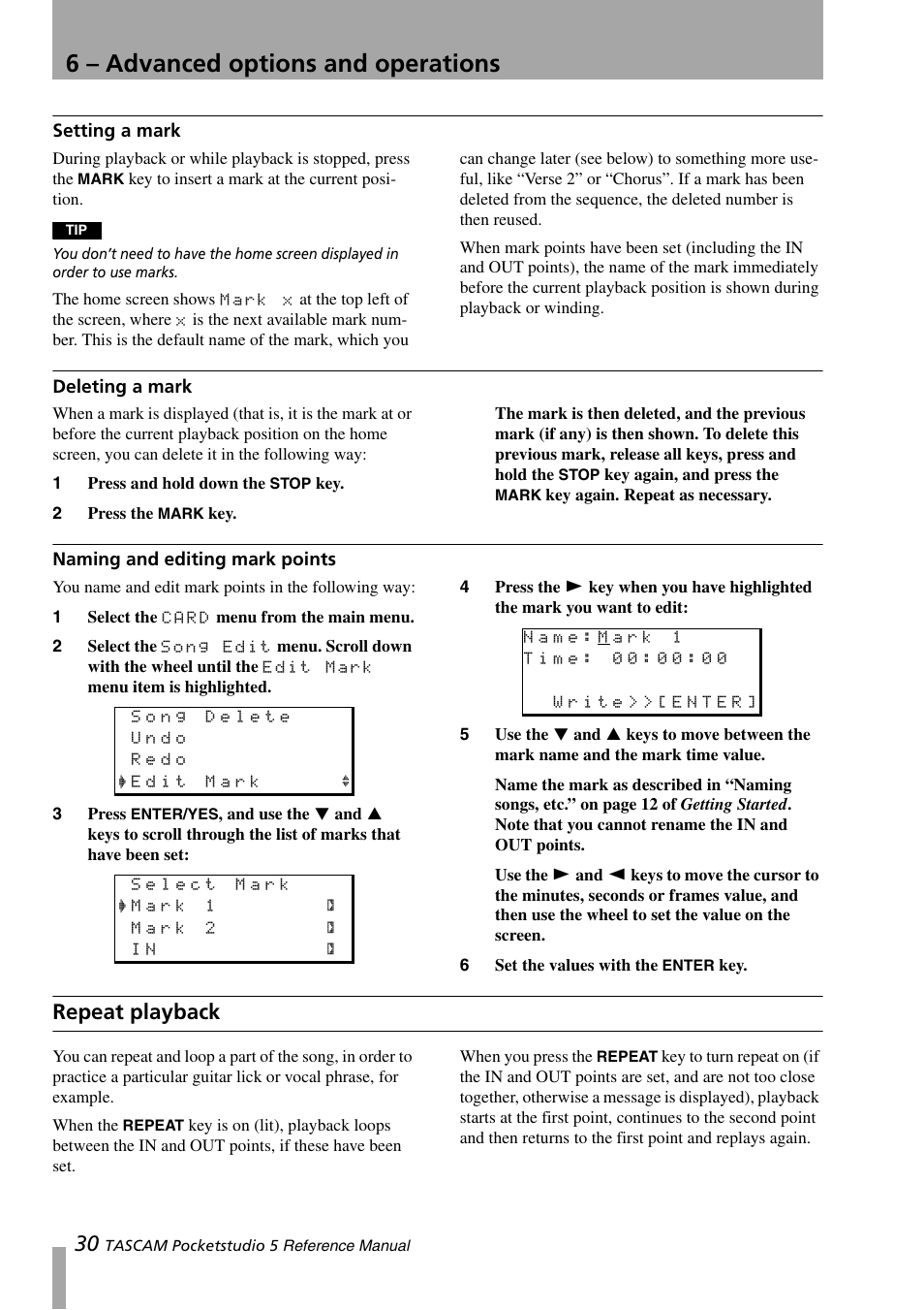 Deleting a mark, Naming and editing mark points, Repeat playback | Deleting a mark naming and editing mark points, 6 – advanced options and operations | Teac PocketStudio 5 Reference Manual User Manual | Page 30 / 50