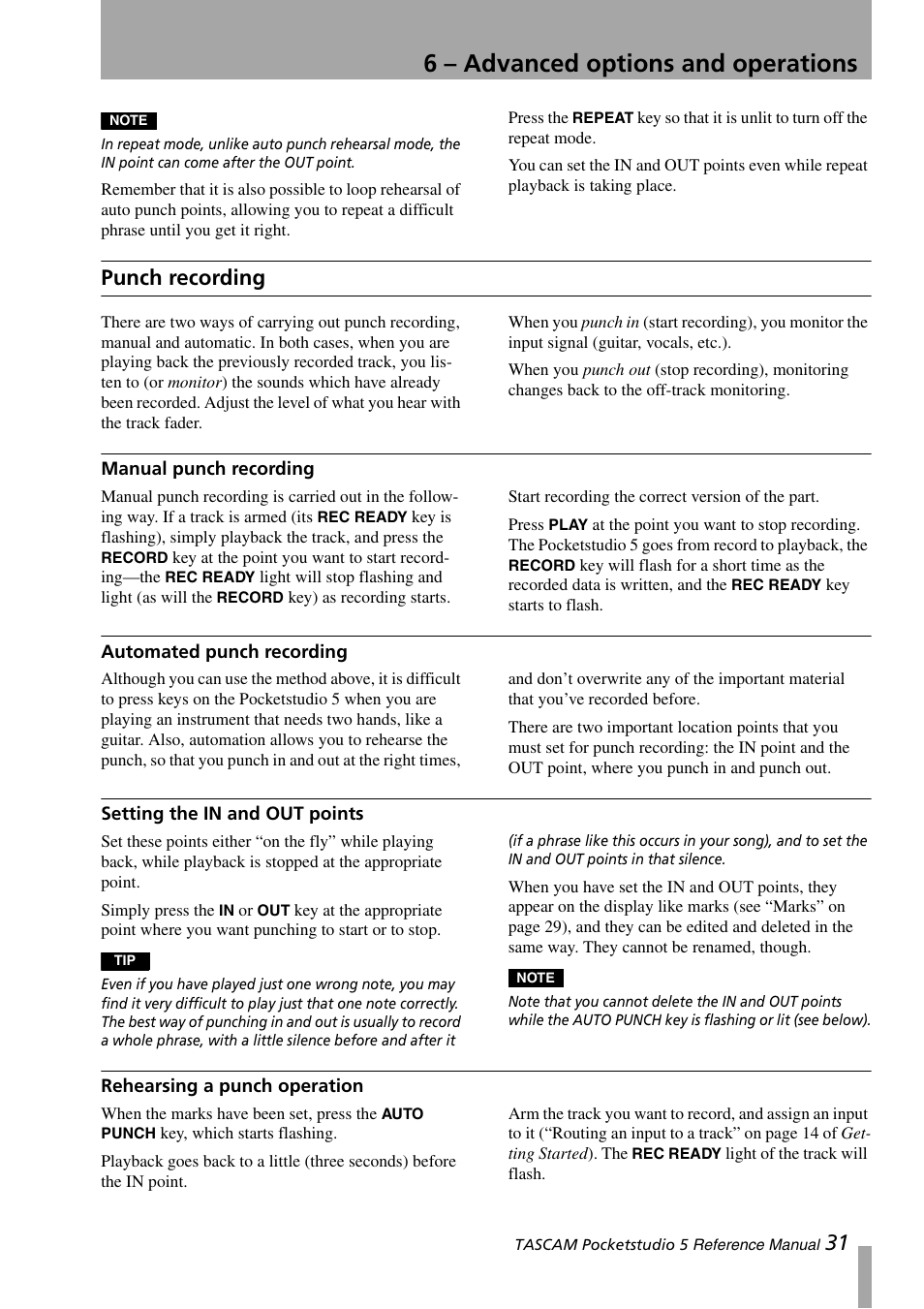 Punch recording, Manual punch recording, Automated punch recording | Setting the in and out points, Rehearsing a punch operation, 6 – advanced options and operations | Teac PocketStudio 5 Reference Manual User Manual | Page 31 / 50