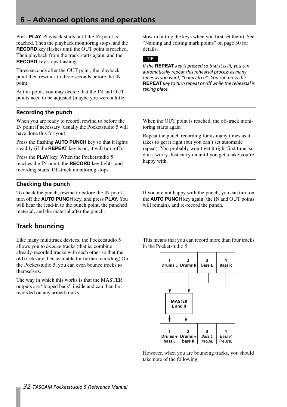 Recording the punch, Checking the punch, Track bouncing | Recording the punch checking the punch, 6 – advanced options and operations | Teac PocketStudio 5 Reference Manual User Manual | Page 32 / 50