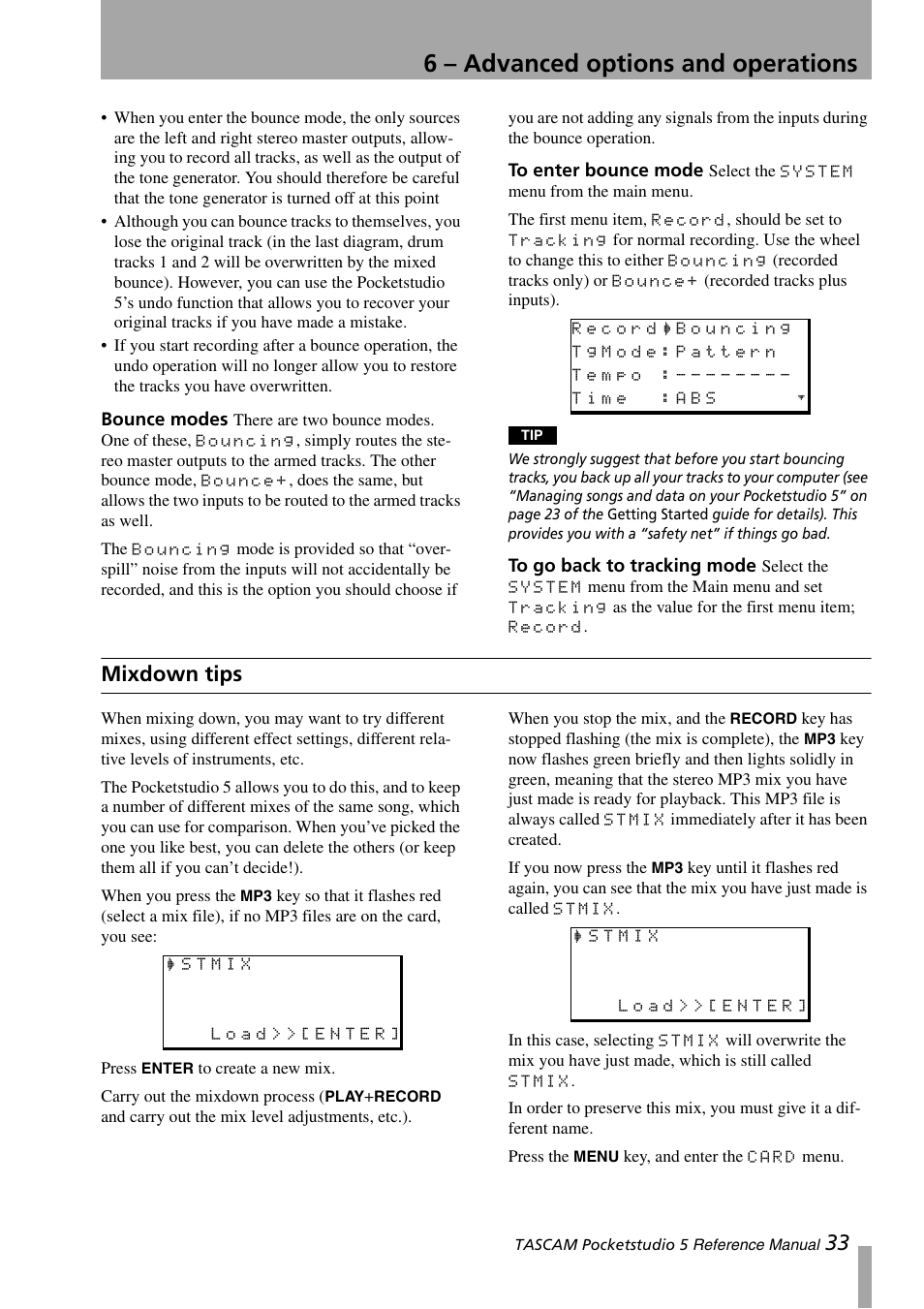 Bounce modes, To enter bounce mode, To go back to tracking mode | Mixdown tips, 6 – advanced options and operations | Teac PocketStudio 5 Reference Manual User Manual | Page 33 / 50