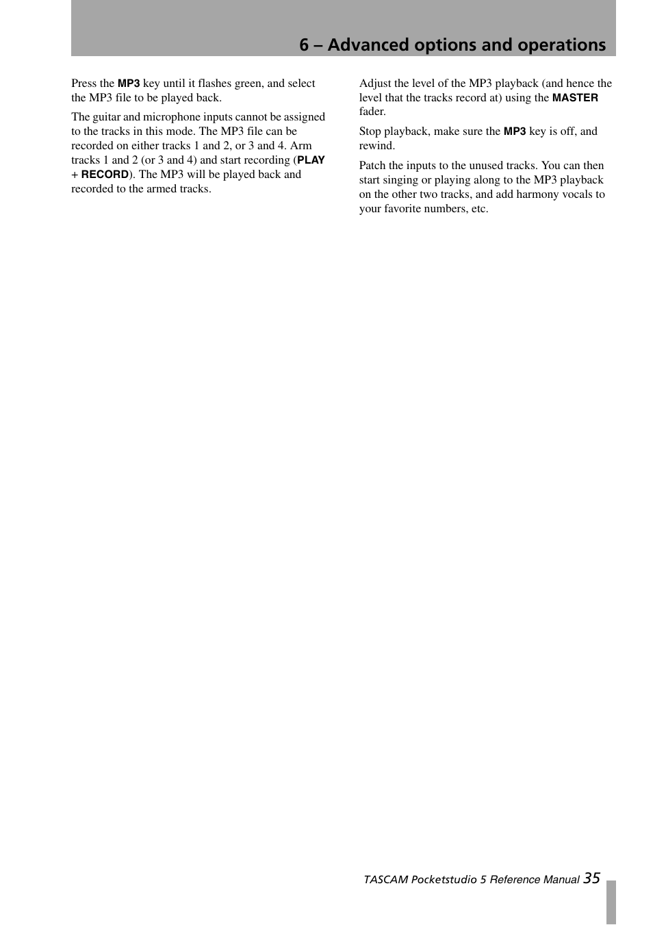 6 – advanced options and operations | Teac PocketStudio 5 Reference Manual User Manual | Page 35 / 50