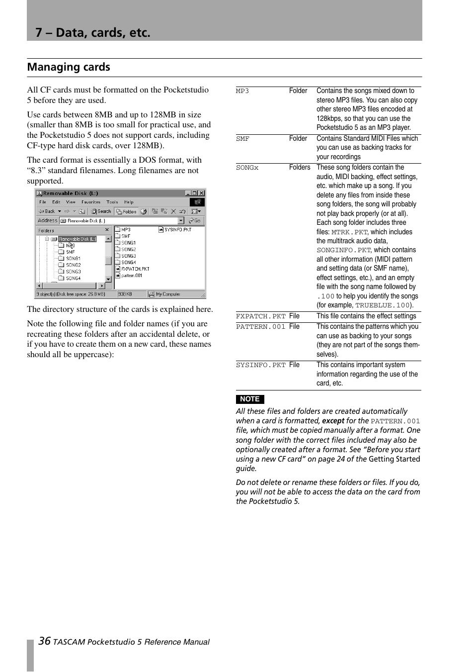 7 – data, cards, etc, Managing cards | Teac PocketStudio 5 Reference Manual User Manual | Page 36 / 50