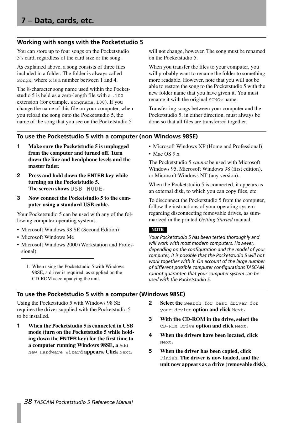 Working with songs with the pocketstudio 5, Working with songs with the, Pocketstudio 5 | To use the pocketstudio 5 with a, Computer (non windows 98se), Computer (windows 98se), 7 – data, cards, etc | Teac PocketStudio 5 Reference Manual User Manual | Page 38 / 50