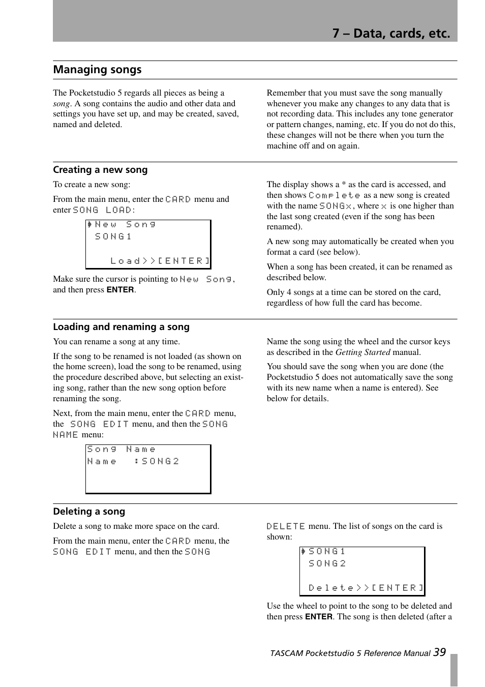 Managing songs, Creating a new song, Loading and renaming a song | Deleting a song, 7 – data, cards, etc, 39 managing songs | Teac PocketStudio 5 Reference Manual User Manual | Page 39 / 50