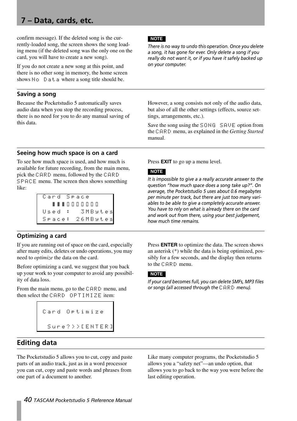 Saving a song, Seeing how much space is on a card, Optimizing a card | Editing data, 7 – data, cards, etc | Teac PocketStudio 5 Reference Manual User Manual | Page 40 / 50