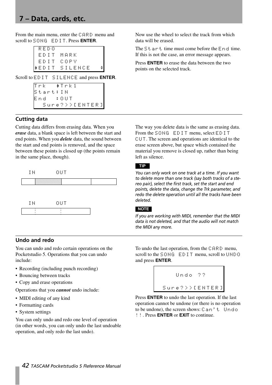 Cutting data, Undo and redo, Cutting data undo and redo | 7 – data, cards, etc | Teac PocketStudio 5 Reference Manual User Manual | Page 42 / 50